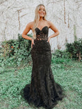 Robe de bal noire longue en tulle et dentelle, décolleté cœur sirène, robe de soirée formelle