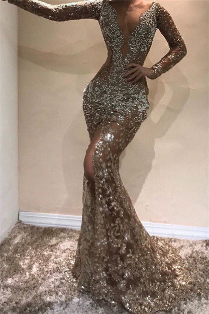Long Mermaid V-neck Appliques Lace Front Slit Prom Dress with Sleeves