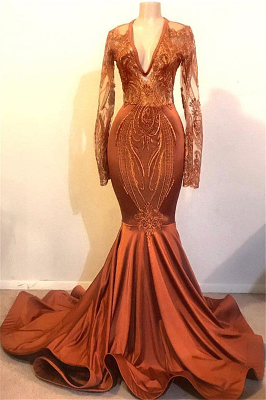 Long Mermaid V-neck Appliques Lace Satin Prom Dress with Sleeves