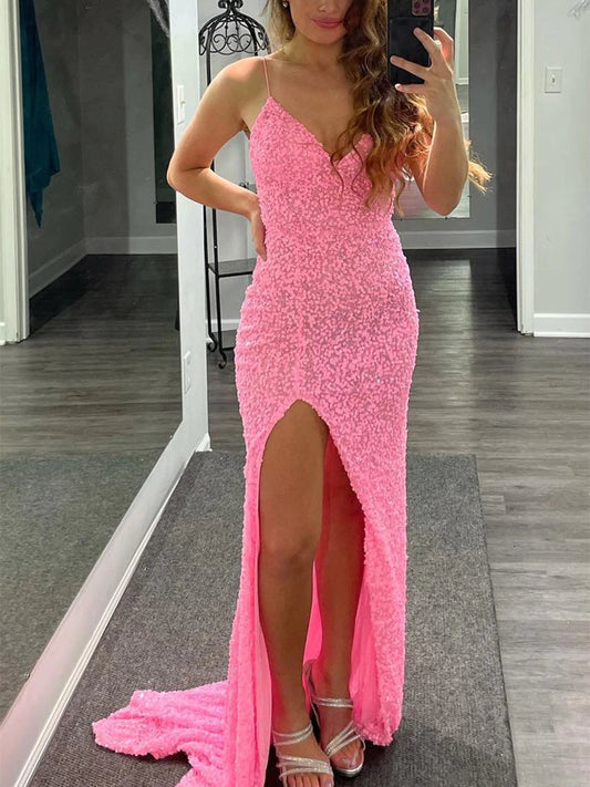 Long Mermaid V Neck Backless Sequins Prom Dress with Slit Pink Formal Graduation Evening Dresses