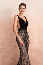 Vestido de noche largo de sirena con escote en V y lentejuelas y abalorios