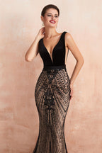 Vestido de noche largo de sirena con escote en V y lentejuelas y abalorios