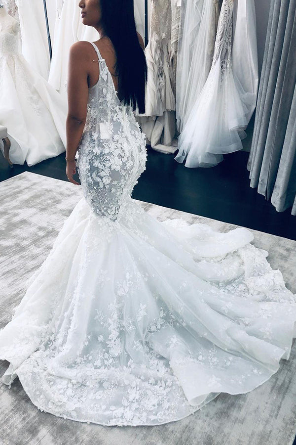 Langes Meerjungfrau-Brautkleid mit V-Ausschnitt und Blumenmuster und Trägern