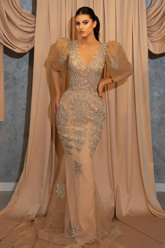Long Mermaid V-neck Lace Prom Dress with Short Puffy Sleeves