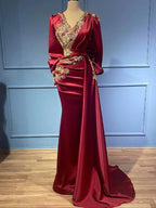 Long Mermaid V-neck Satin Beads Burgundy Prom Dress with Sleeves
