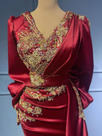 Long Mermaid V-neck Satin Beads Burgundy Prom Dress with Sleeves