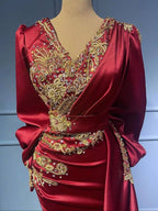 Long Mermaid V-neck Satin Beads Burgundy Prom Dress with Sleeves
