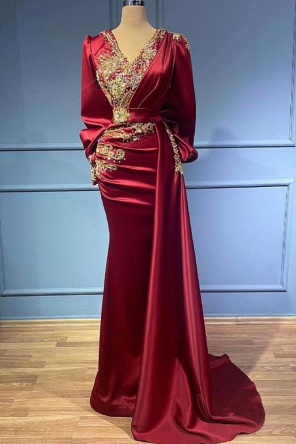 Long Mermaid V-neck Satin Beads Burgundy Prom Dress with Sleeves