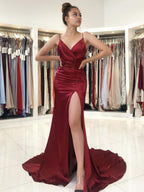 Abiti lunghi da cerimonia in raso con scollo a V e spacco, stile sirena, per ballo di fine anno