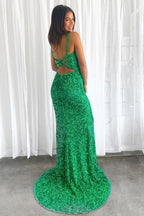 Abito lungo da sera verde con scollo a V, paillettes, schiena scoperta e spacco, stile sirena formale