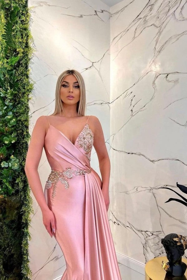 Robe de bal longue sirène à bretelles spaghetti encolure en V pailletée rose