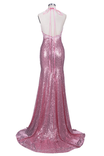 Vestido de fiesta largo de sirena con escote en V, tirantes finos, lentejuelas rosas y espalda descubierta