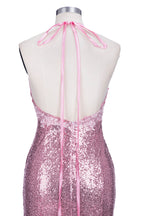 Abito da sera rosa con scollo a V lungo a sirena, spalline sottili e schiena scoperta con paillettes