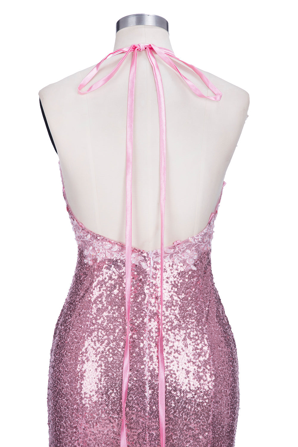 Robe de bal longue sirène à bretelles spaghetti, dos nu, rose pailleté, col en V