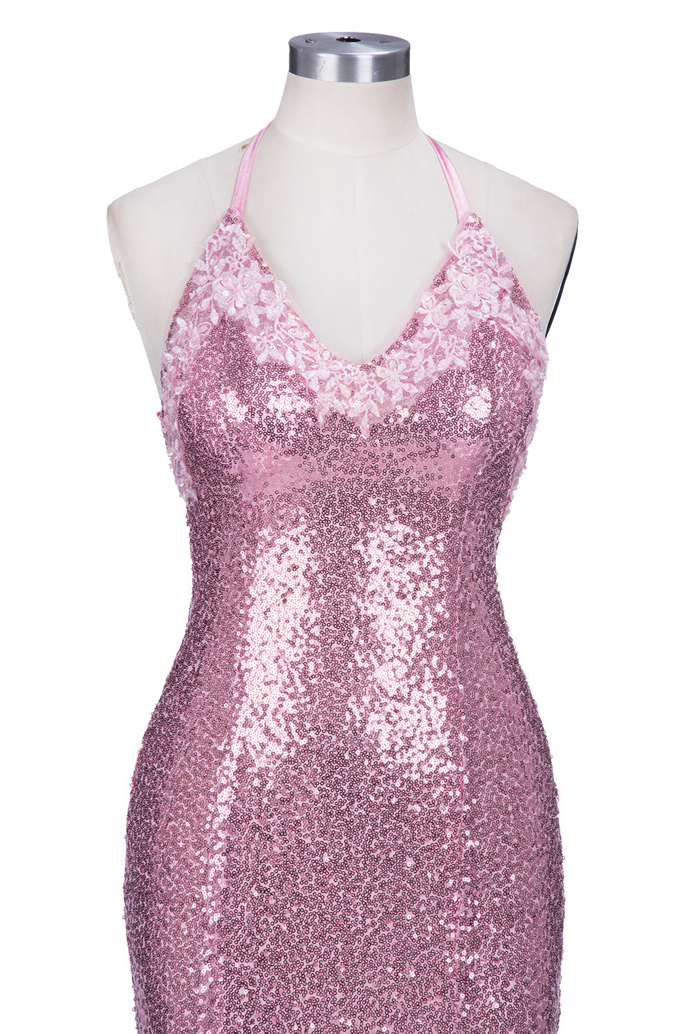 Vestido de fiesta largo de sirena con escote en V, tirantes finos, lentejuelas rosas y espalda descubierta
