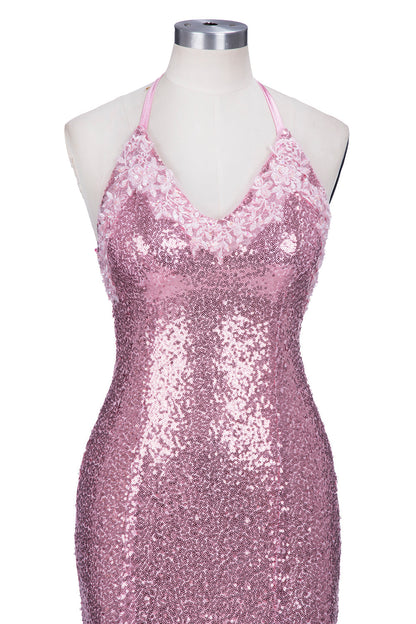 Vestido de fiesta largo de sirena con escote en V, tirantes finos, lentejuelas rosas y espalda descubierta