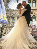 Lange Meerjungfrau V-Ausschnitt Sweep Brush Train Spitze Tüll Brautkleider mit Ärmeln