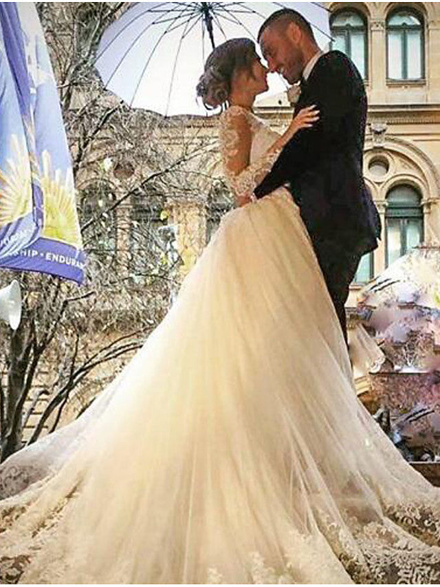 Abito da sposa lungo a sirena con scollo a V, strascico spazzola, pizzo e tulle, con maniche