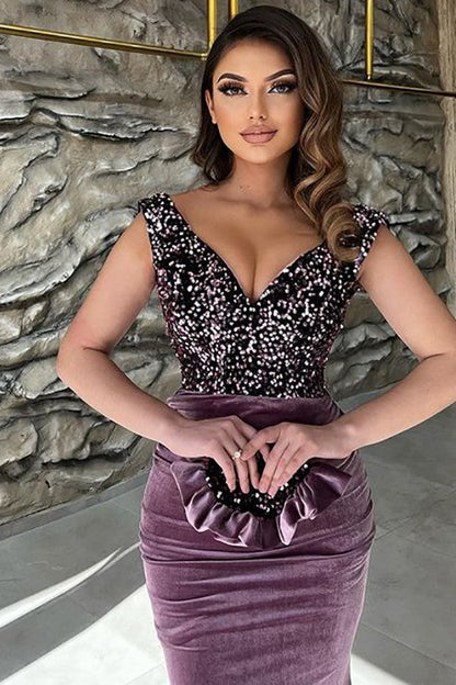 Long Mermaid V-neck Velvet Prom Dress with Glitter