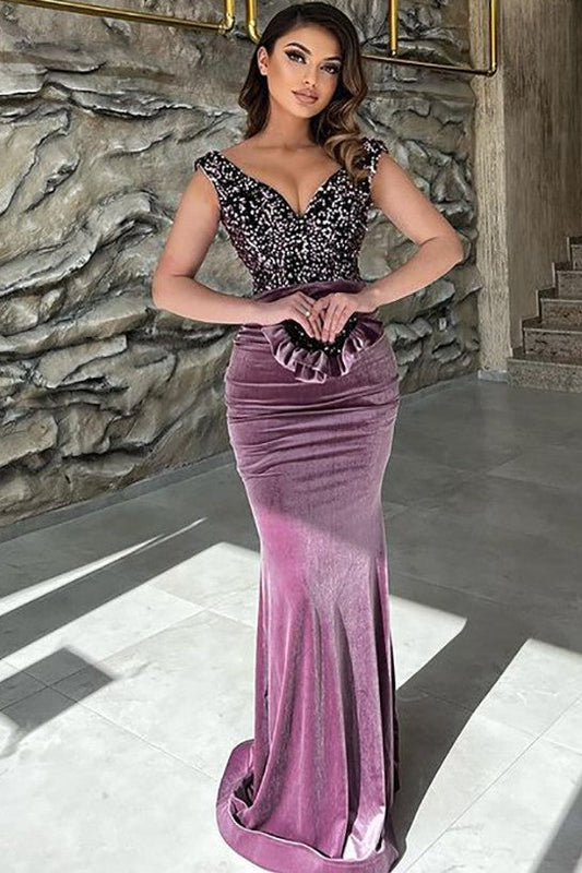Long Mermaid V-neck Velvet Prom Dress with Glitter