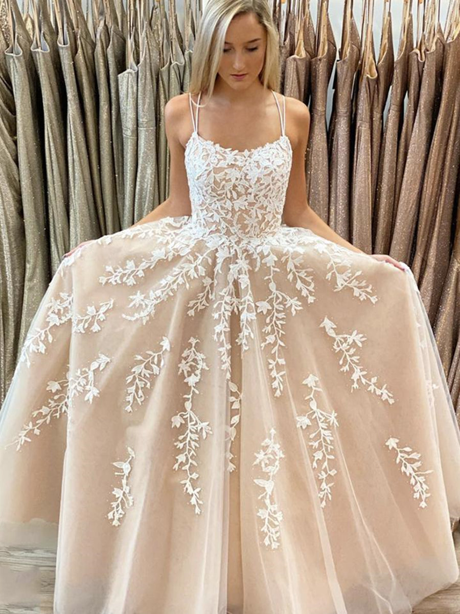 Vestidos de Baile Formais Longos Princesa em Linha A com Decote Redondo, Tule, Renda e Costas Descobertas