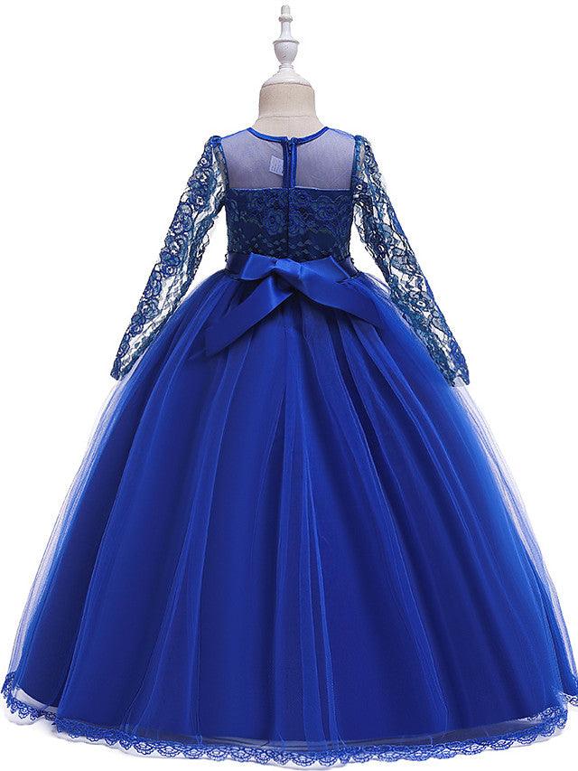 Girls Long Sleeve Lace Beading Flower Girl Dress With Jewel Neck For Party