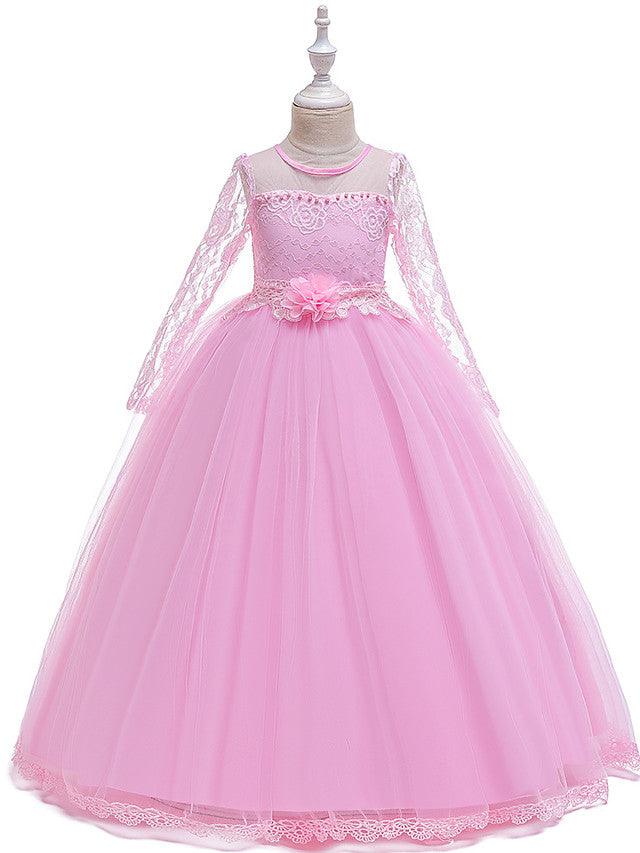 Girls Long Sleeve Lace Beading Flower Girl Dress With Jewel Neck For Party