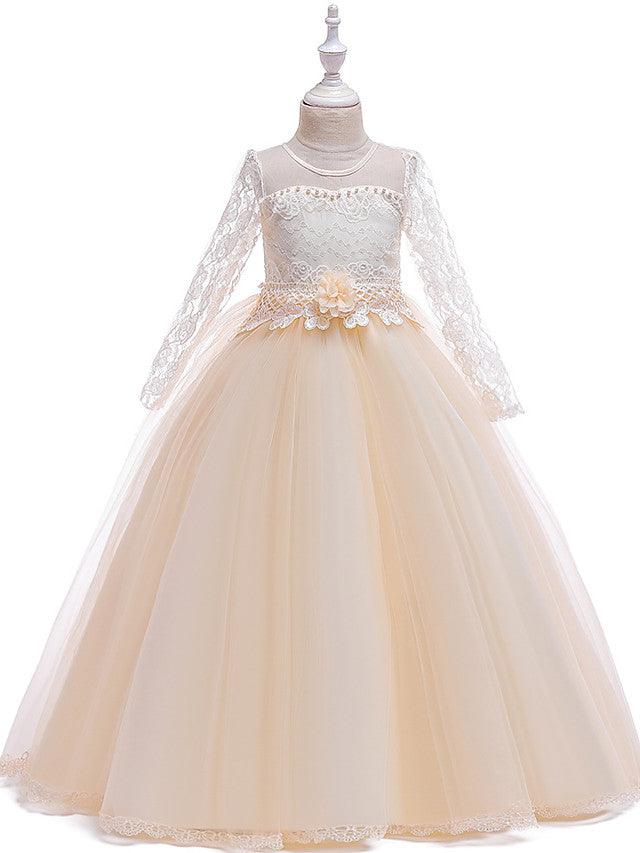 Girls Long Sleeve Lace Beading Flower Girl Dress With Jewel Neck For Party