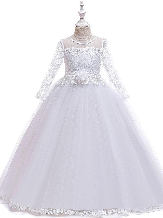 Girls Long Sleeve Lace Beading Flower Girl Dress With Jewel Neck For Party