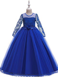 Girls Long Sleeve Lace Beading Flower Girl Dress With Jewel Neck For Party