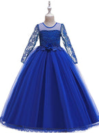 Girls Long Sleeve Lace Beading Flower Girl Dress With Jewel Neck For Party