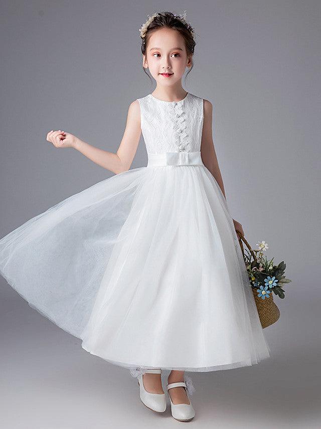 Long Lace And Tulle Sleeveless Jewel Neck Flower Girl Dress For Wedding