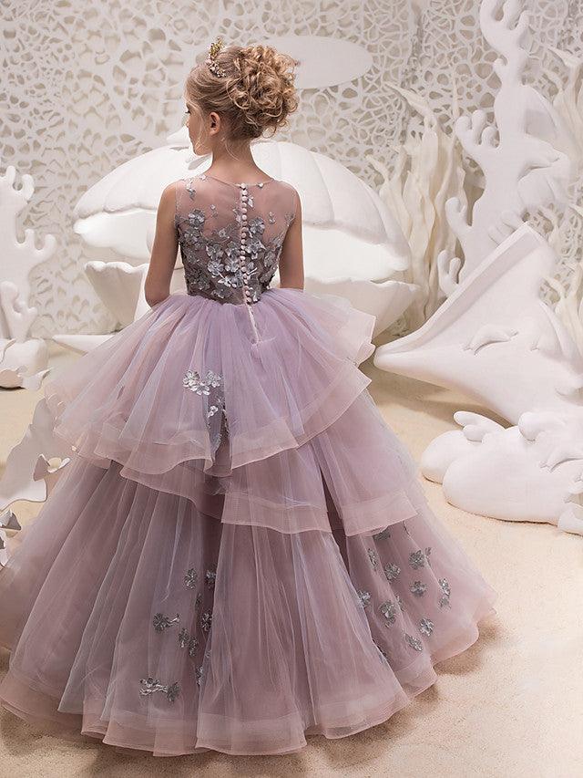 Girls Elegant Lace Organza Jewel Neck Floor Length Party Dress