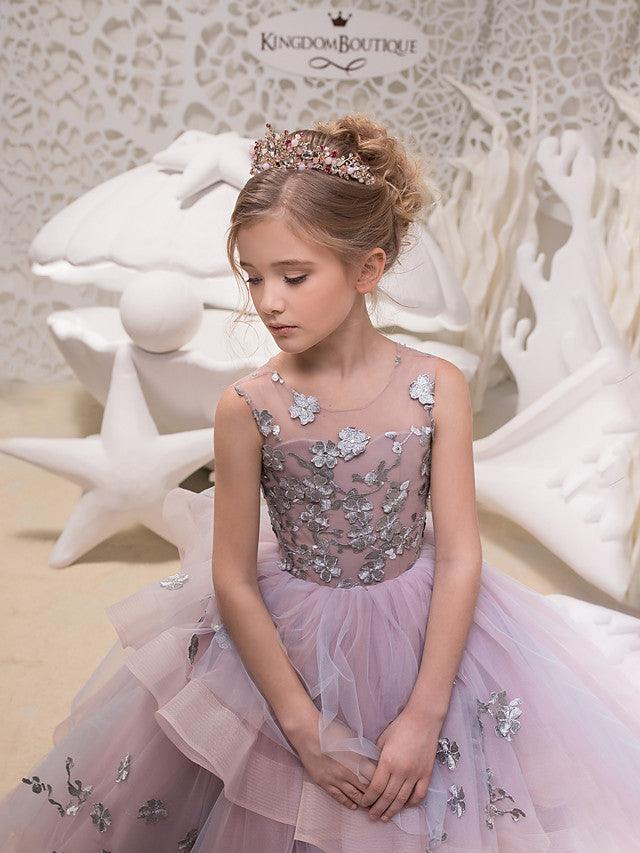 Girls Elegant Lace Organza Jewel Neck Floor Length Party Dress