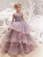 Girls Elegant Lace Organza Jewel Neck Floor Length Party Dress