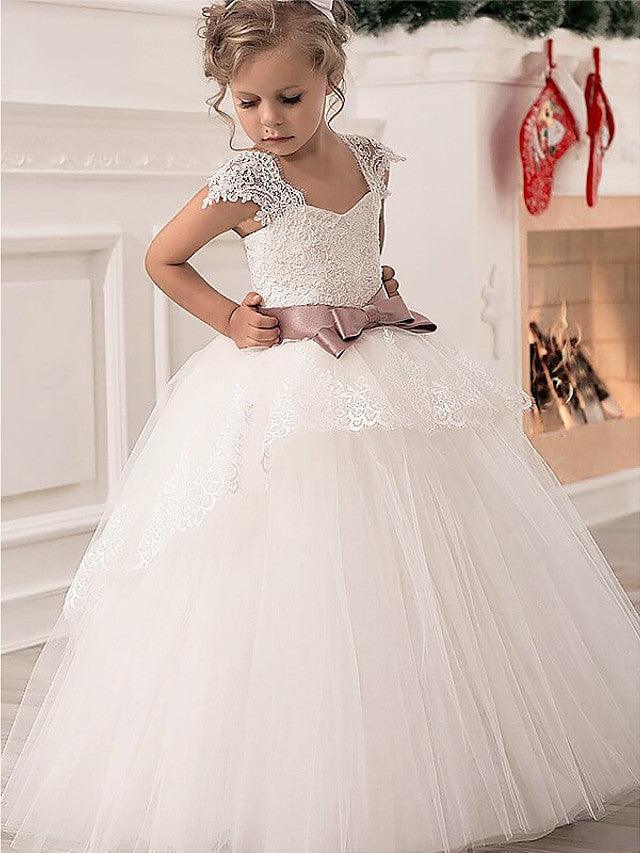 Long Princess Lace Satin Tulle Floor Length Flower Girl Dress