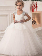Long Princess Lace Satin Tulle Floor Length Flower Girl Dress