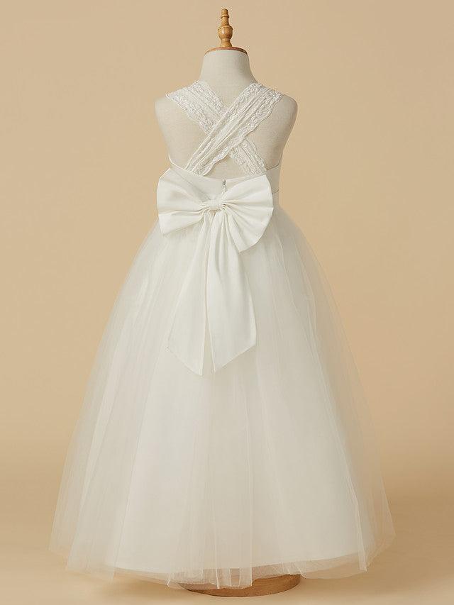 Long Princess Lace Halter Sleeveless Flower Girl Wedding Dress