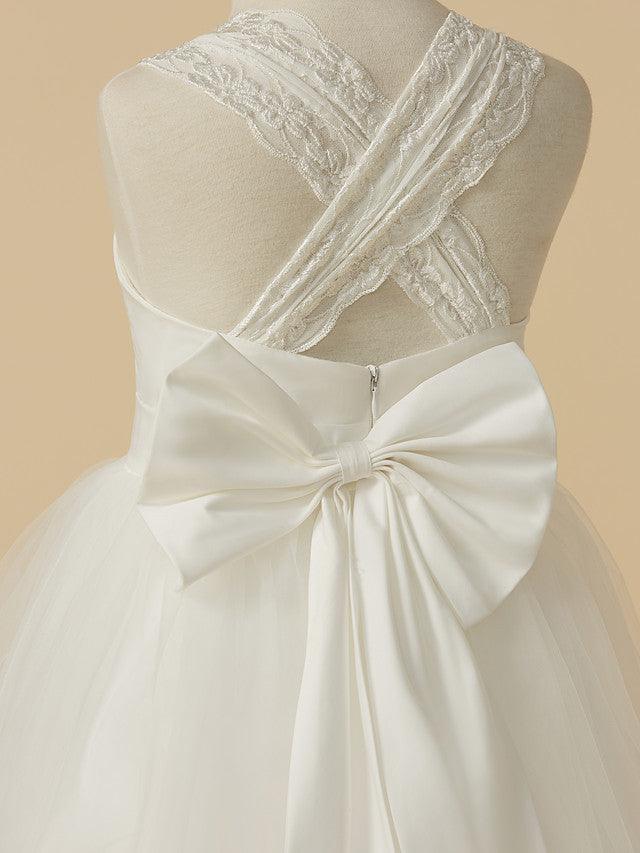 Long Princess Lace Halter Sleeveless Flower Girl Wedding Dress