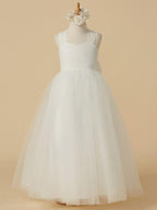 Long Princess Lace Halter Sleeveless Flower Girl Wedding Dress