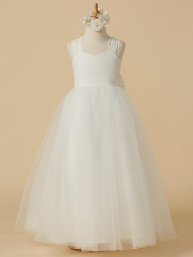 Long Princess Lace Halter Sleeveless Flower Girl Wedding Dress