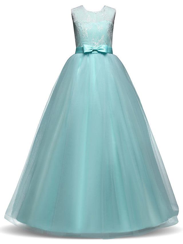 Floor Length Sleeveless Lace Tulle Jewel Neck Pageant Dress For Girls