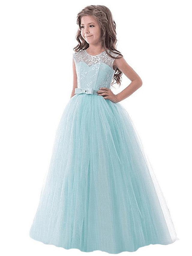 Floor Length Sleeveless Lace Tulle Jewel Neck Pageant Dress For Girls