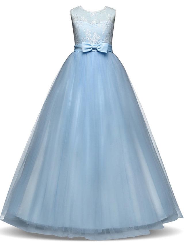 Floor Length Sleeveless Lace Tulle Jewel Neck Pageant Dress For Girls