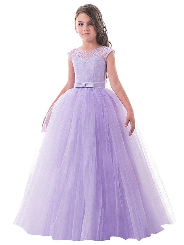 Floor Length Sleeveless Lace Tulle Jewel Neck Pageant Dress For Girls