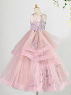 Floor Length Lace Sleeveless Jewel Neck Beaded Flower Girl Dress