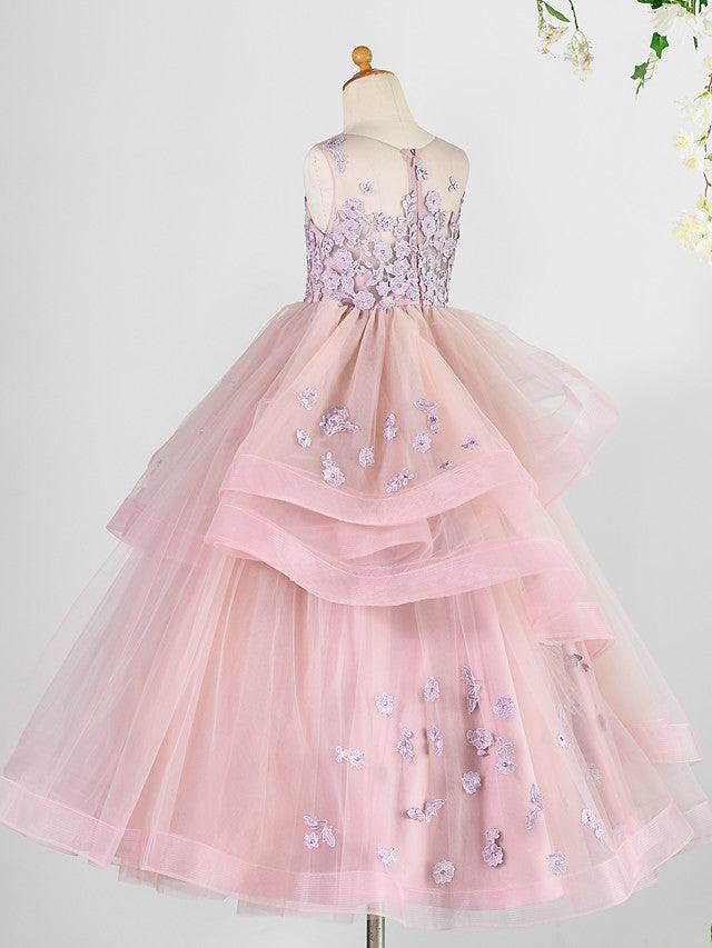 Floor Length Lace Sleeveless Jewel Neck Beaded Flower Girl Dress