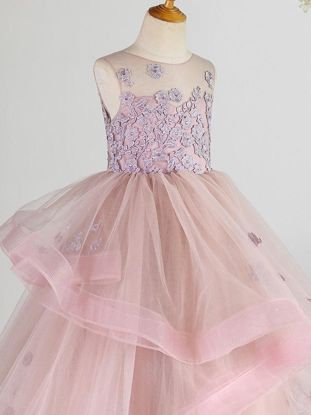 Floor Length Lace Sleeveless Jewel Neck Beaded Flower Girl Dress