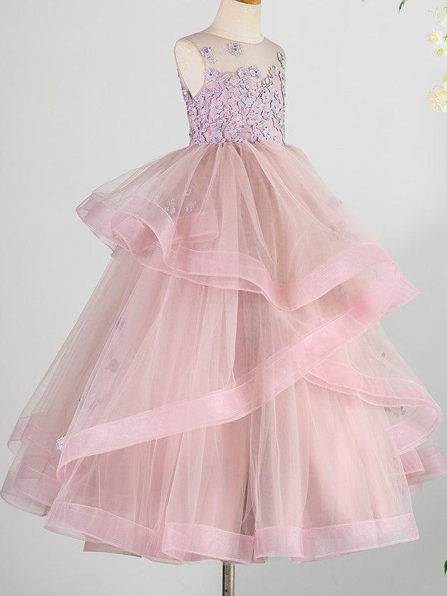 Floor Length Lace Sleeveless Jewel Neck Beaded Flower Girl Dress