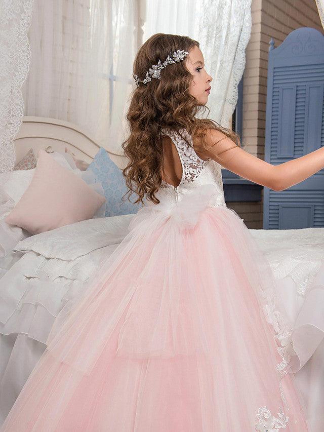 Elegant Lace Tulle Sleeveless Jewel Neck Flower Girl Pageant Dress